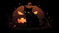 schwarze katze, kürbislaterne, kürbis, halloween, feiertag