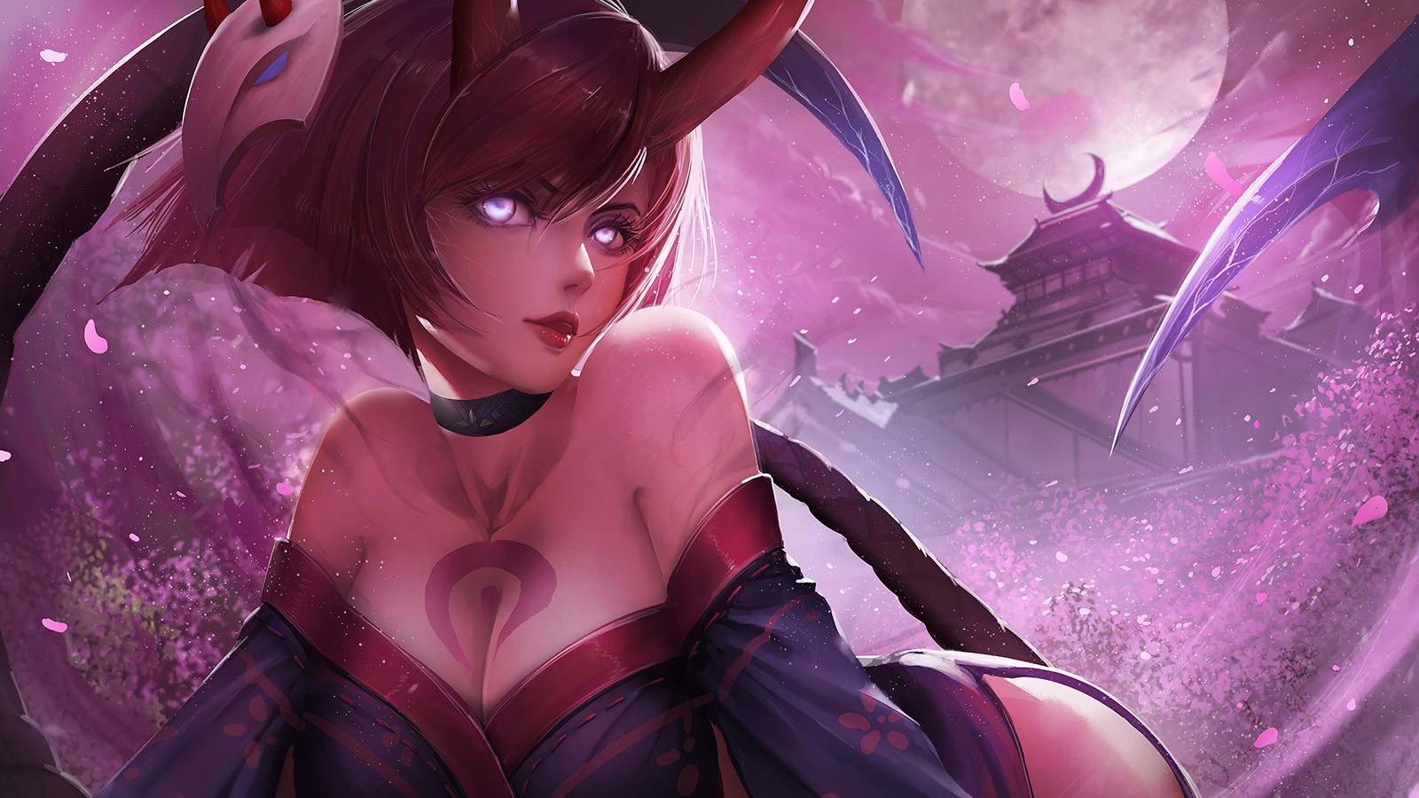 Женщина с рогами и розовым платьем позирует перед замком (evelynn, league of legends, lol, видеоигра)