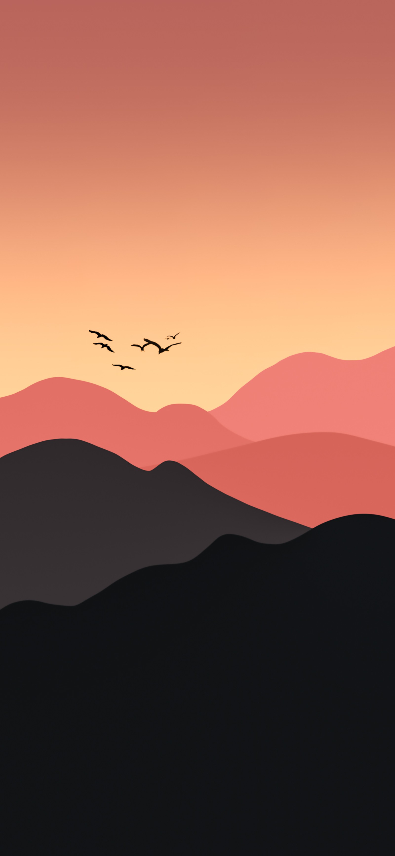 Des montagnes avec des oiseaux volant dans le ciel au coucher du soleil (oiseau, atmosphère, écorégion, crépuscule, montagne)