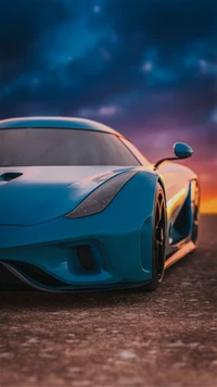 Supercar bleu élégant contre un ciel de coucher de soleil dramatique