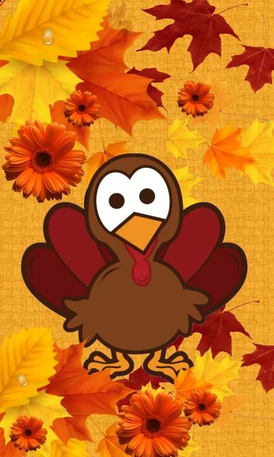 Happy Turkey Day: Cartoon Turkey Amidst Autumn Leaves and Flowers