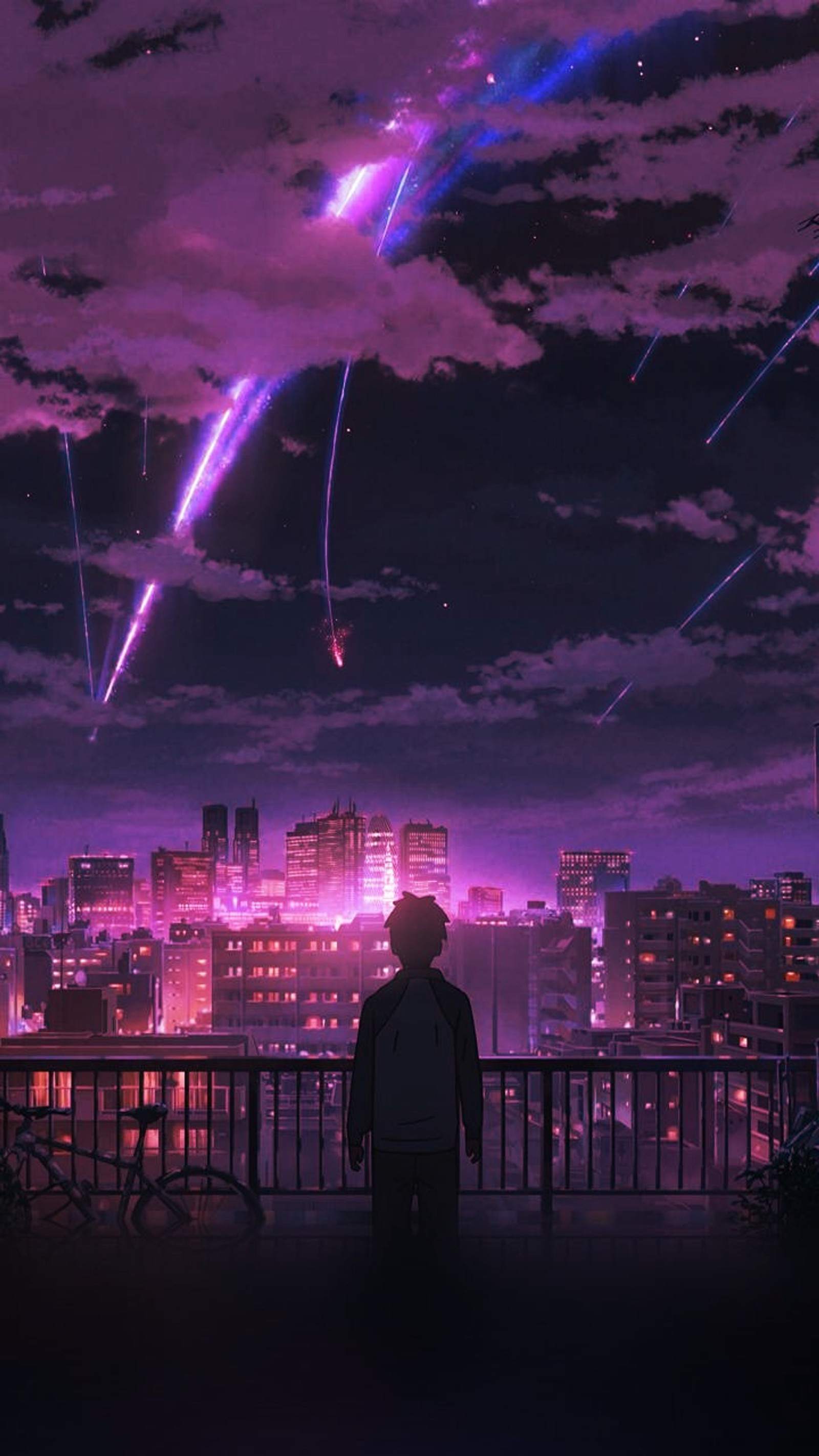 Anime, un hombre mirando la ciudad por la noche (anime, fondo de pantalla)