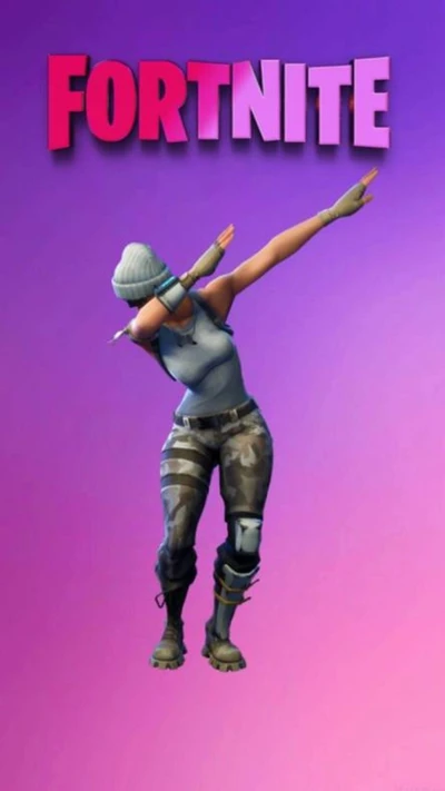 Personnage de Fortnite effectuant l'emote Dab sur un fond violet vibrant