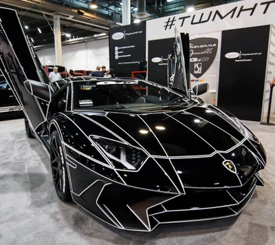 Lujoso Lamborghini negro con llamativos acentos blancos y puertas de ala