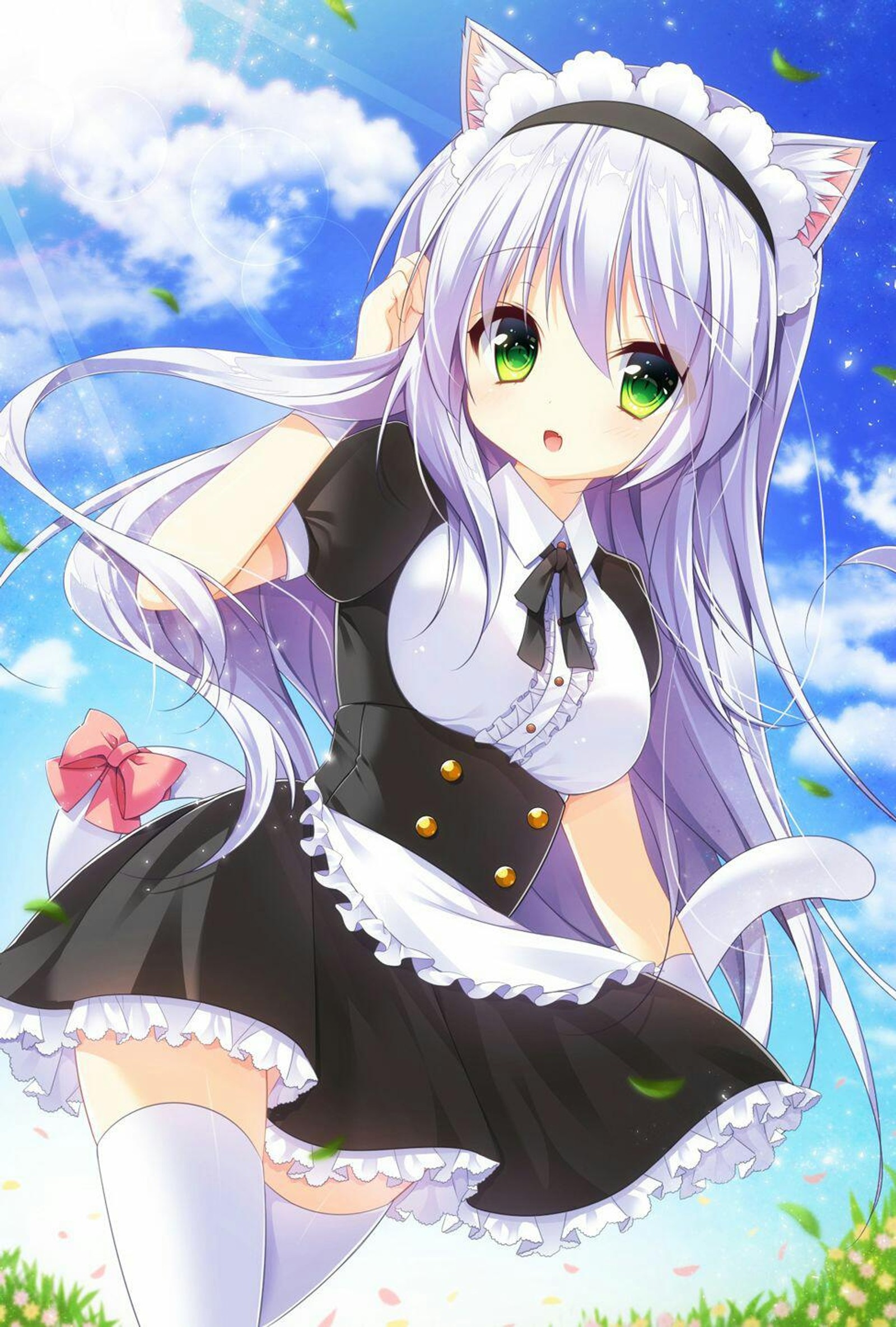 Anime girl with long white hair and a black dress and a cat ears (anime, girl, maid, neko)