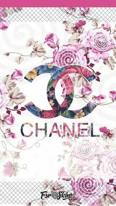 Logotipo da Chanel cercado por padrões florais rosa