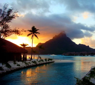 playa, bora bora, paraíso, mar, atardecer