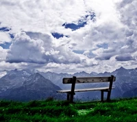 bench, clouds, field, hill, landscape