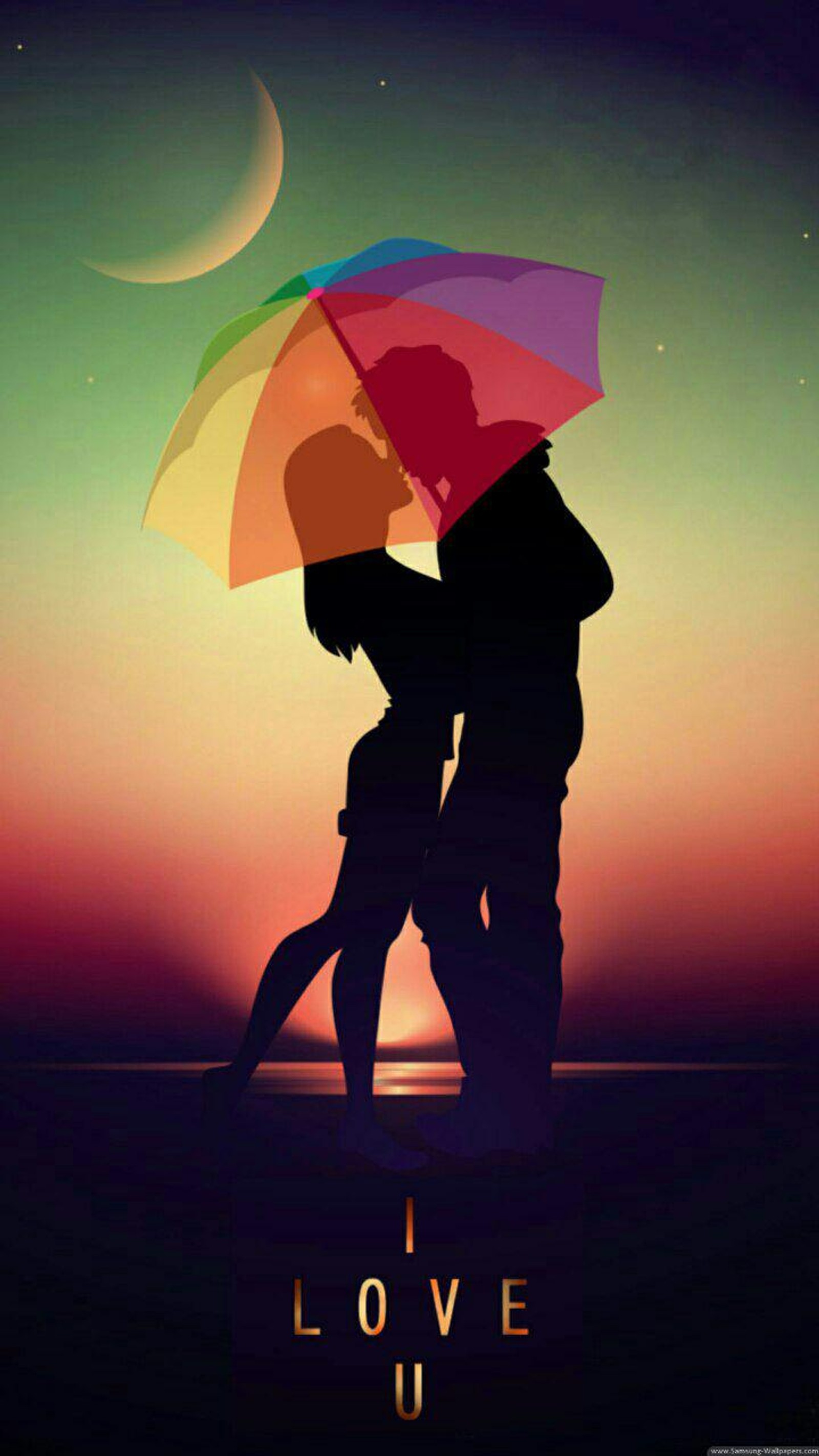 Il y a un couple qui tient un parapluie au coucher du soleil (amour, papier peint)