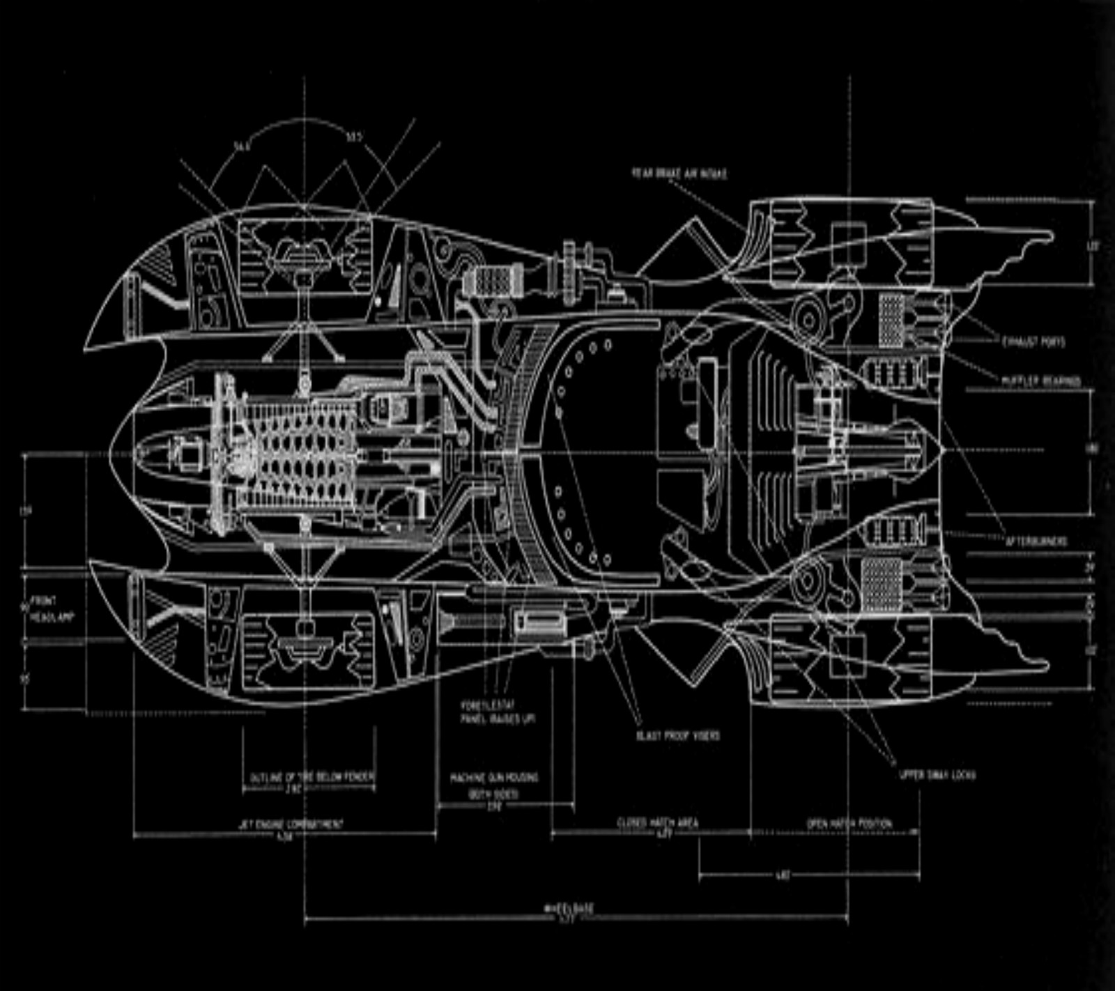 Eine zeichnung eines autos mit einem blauplan des motors und des motorraums (batman, batmobil, batmobile, schwarz, technik)