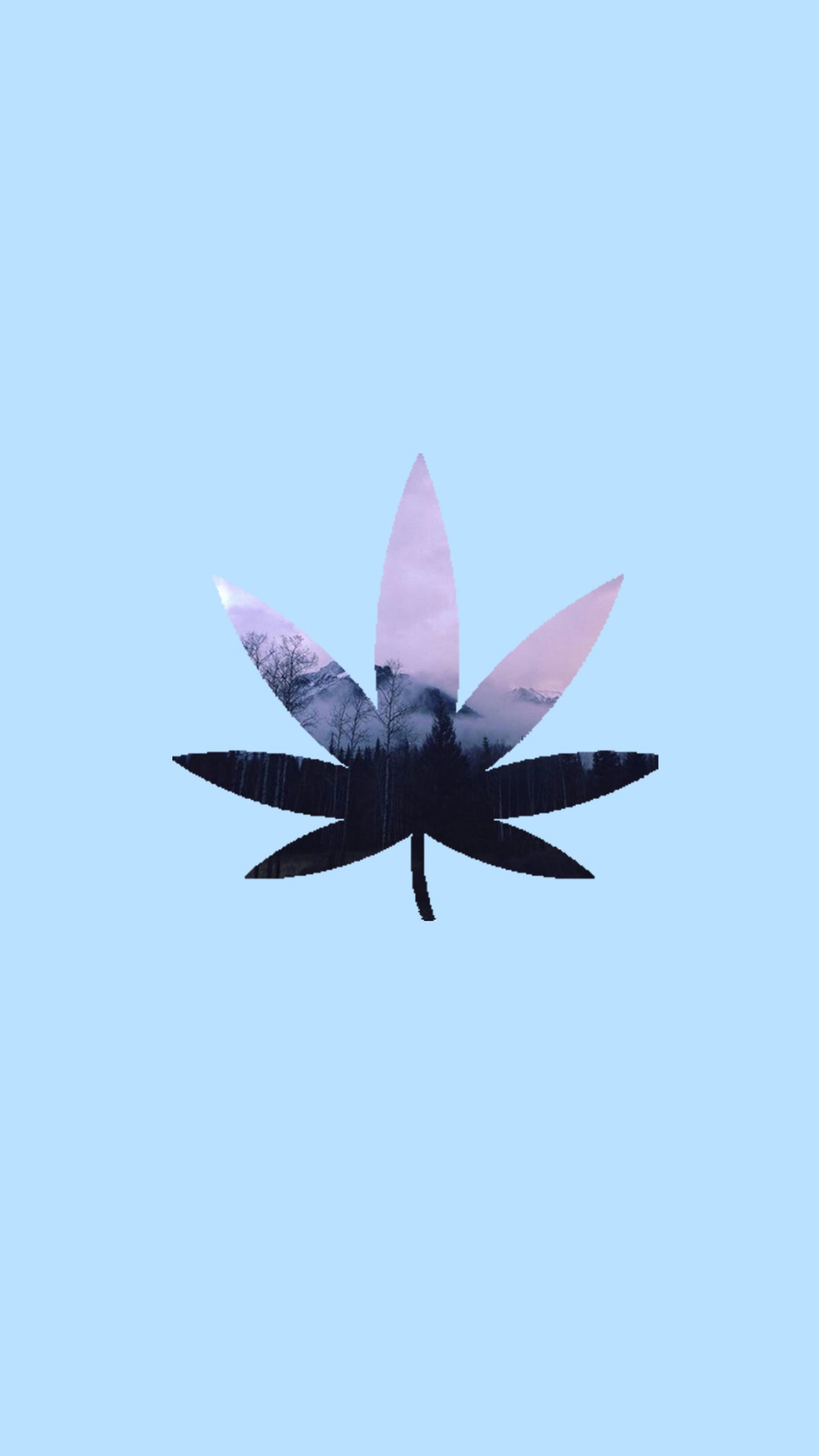 There is a picture of a leaf with a mountain in the background (blue, marijuana, potleaf)