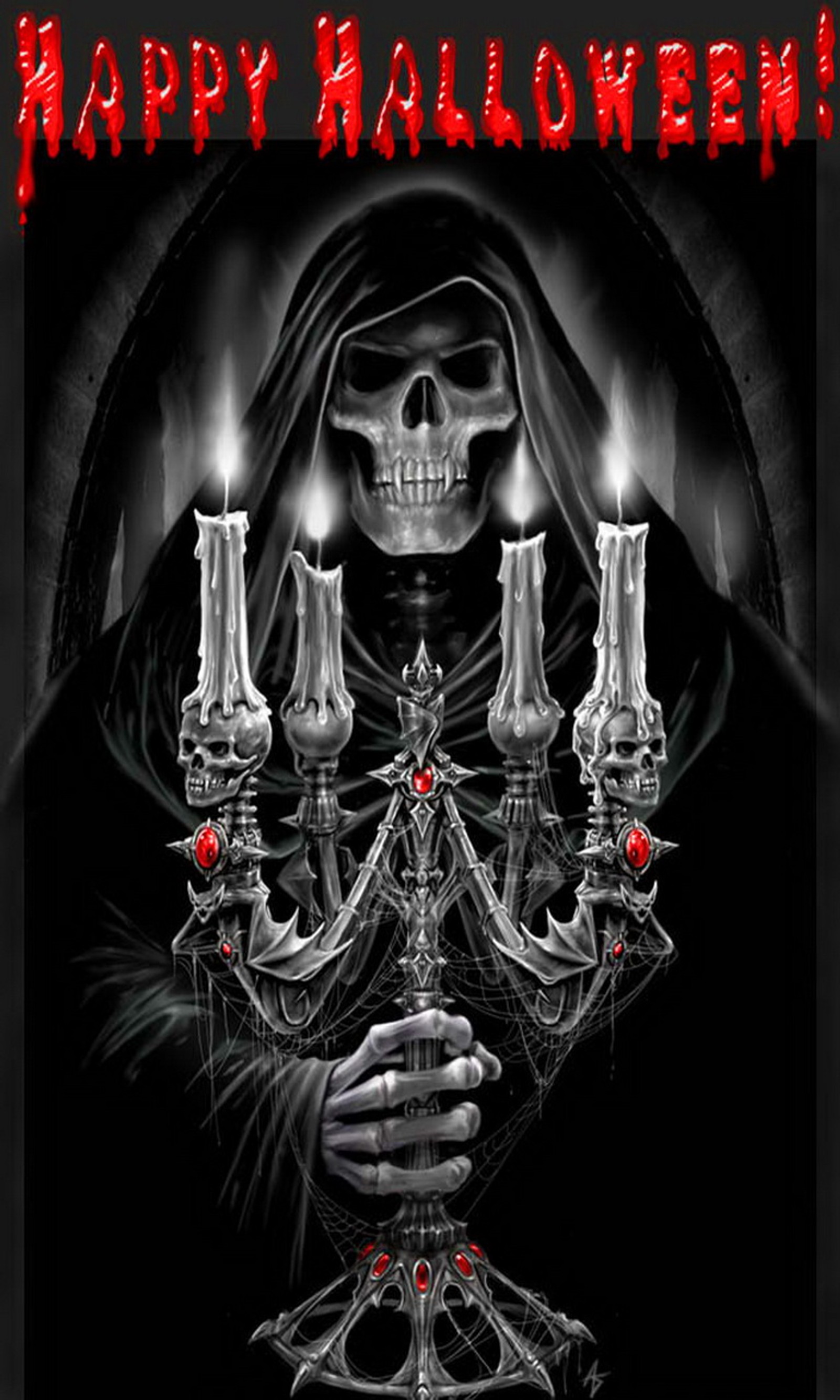 Una imagen en blanco y negro de un esqueleto sosteniendo velas. (halloween candle dark, cosechador con calavera)