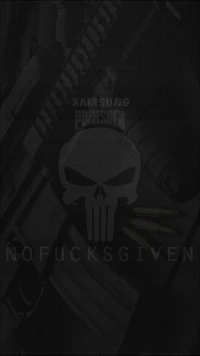 Dark wallpaper featuring a Punisher skull, with guns and bullets against a black background. The phrase "NOFUCKSGIVEN" is displayed prominently.