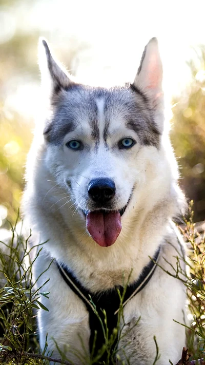 Adorable Siberian Husky with striking blue eyes in a natural setting.