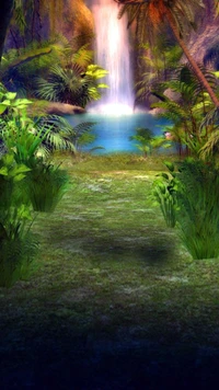 Lush Cascade Oasis Surrounded by Verdant Flora