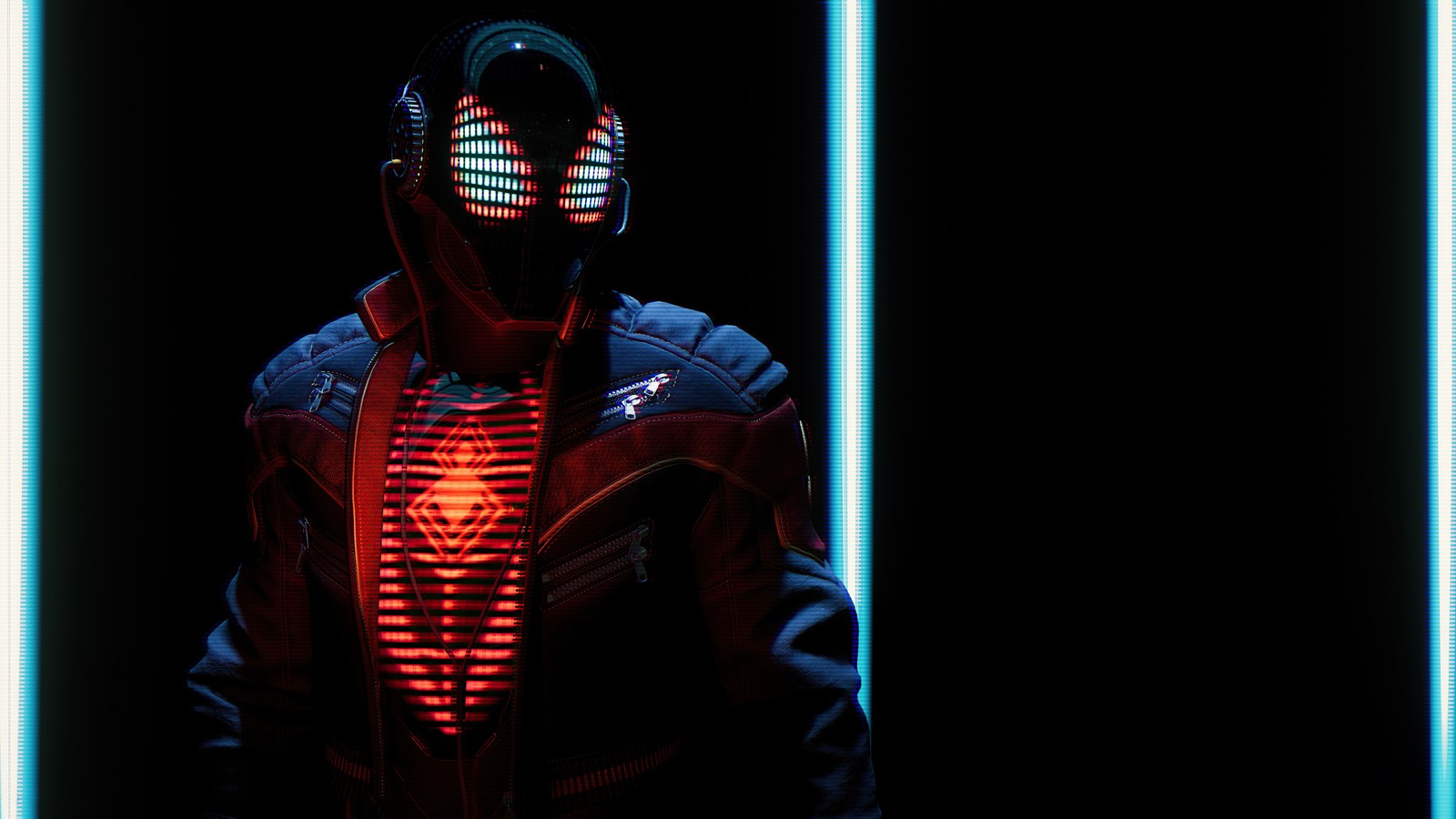 Un gros plan d'une personne portant une veste rouge et bleue (marvels spider man miles morales, cyberpunk, mode photo, playstation 5, jeux 2020)