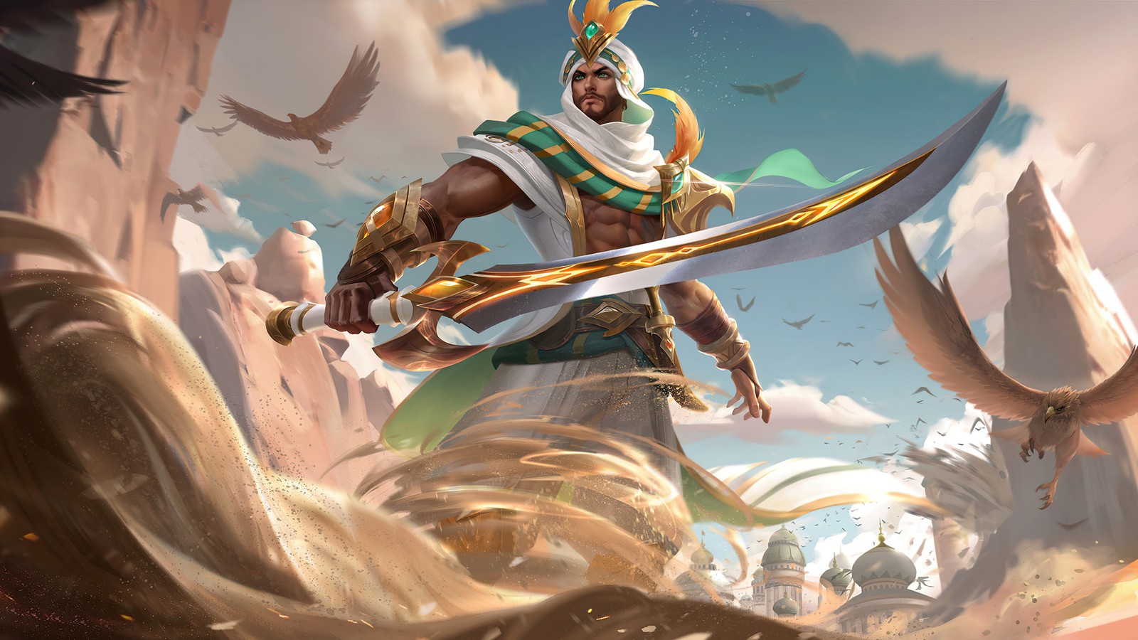 Un homme en tenue blanche tenant une épée et un oiseau (khaleed, mobile legends, bang bang, ml, mlbb)