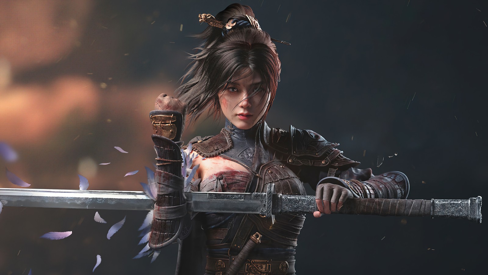 A woman in armor holding a sword in front of a dark background (wuchang fallen feathers, video game)