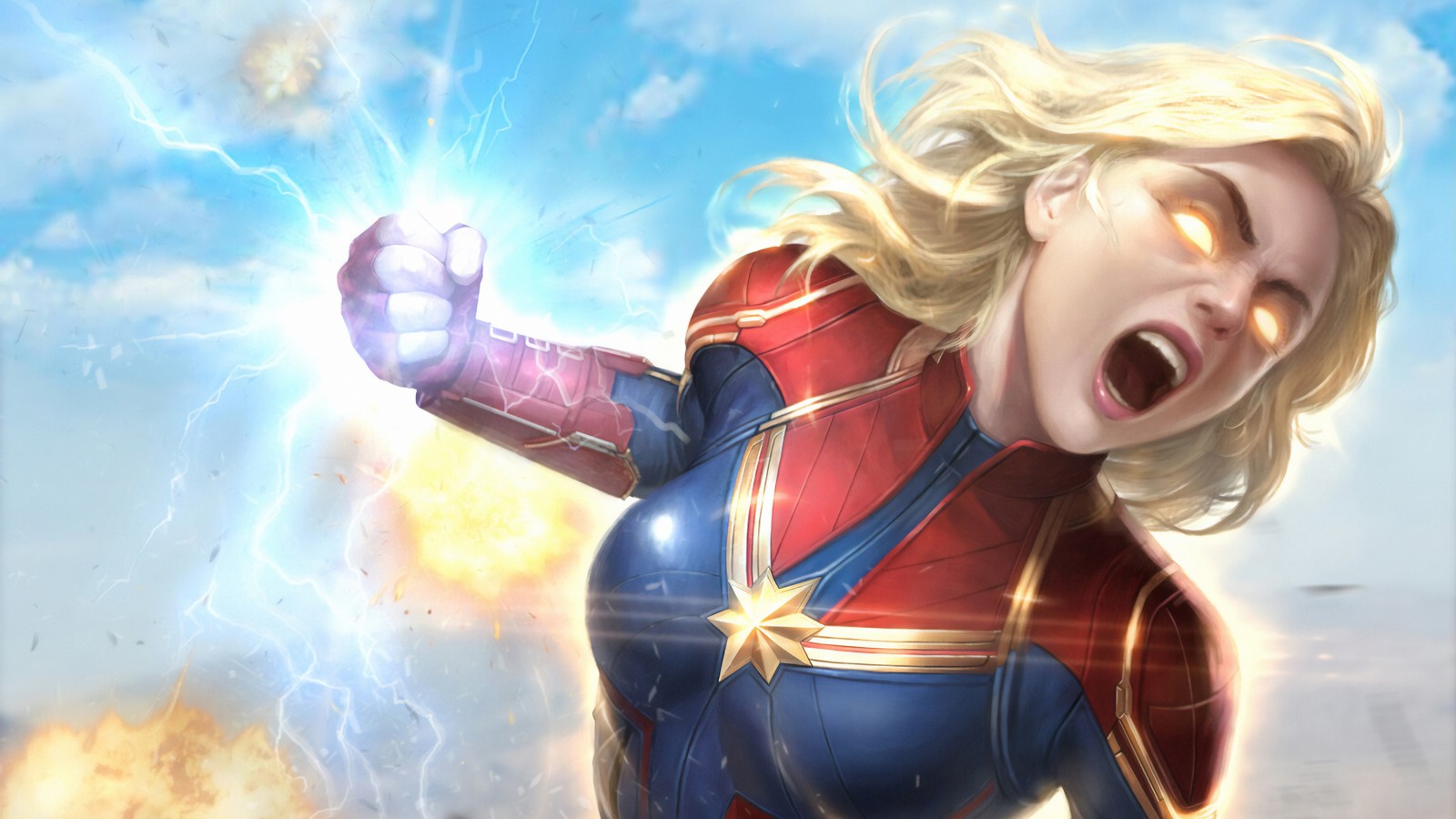 Una mujer en un traje de capitana marvel gritando y levantando el puño (capitana marvel, captain marvel, marvel, cómics, marvel comics)