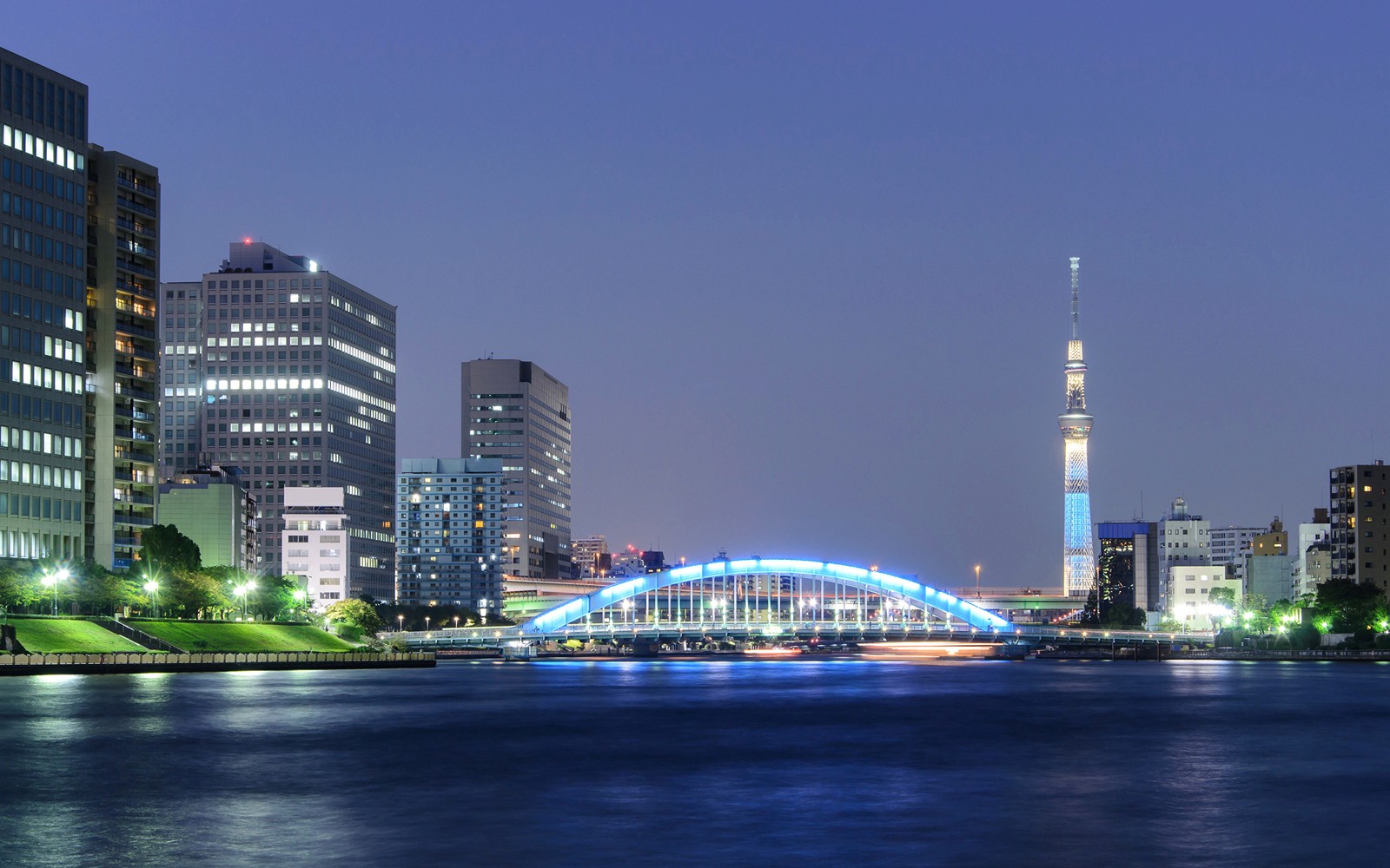 Un puente sobre un río con una ciudad de fondo (noche, rio, puente, paisaje urbano, ciudad)