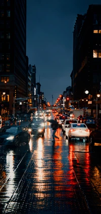 chuva, carros, edifício, iluminação automotiva, luz