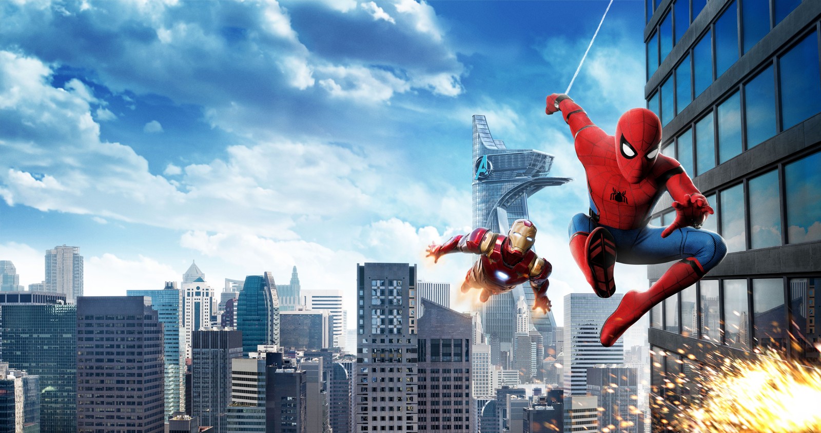 Spider-man et iron man volent à travers la ville (spider man, spider man homecoming, ville, métropole, loisir)