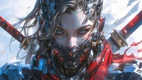 Guerreira cyberpunk: uma garota feroz em armadura futurista