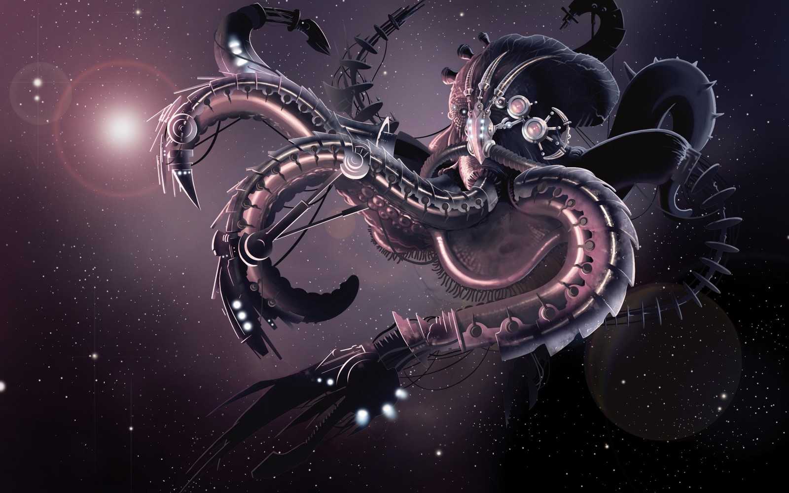 There is a large octopus that is flying through the sky (robot, illustration, space, fractal art, tentacles)