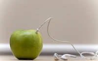 apple, apple earbuds, headphones, fruit, food wallpaper