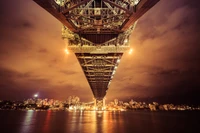 Illuminated Sydney Harbour Bridge with city lights reflecting on the river at night.