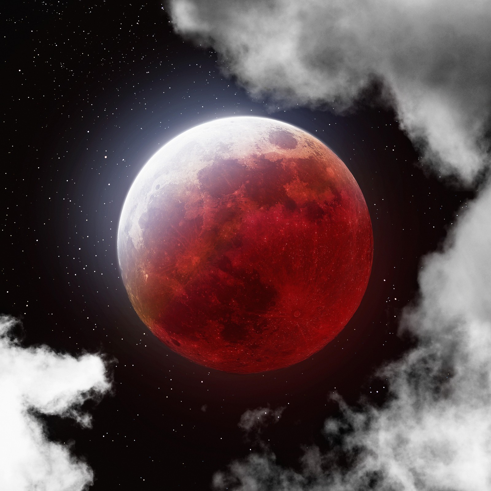 A close up of a red moon with clouds in the background (lunar eclipse, 8k, blood moon, clouds, stars)