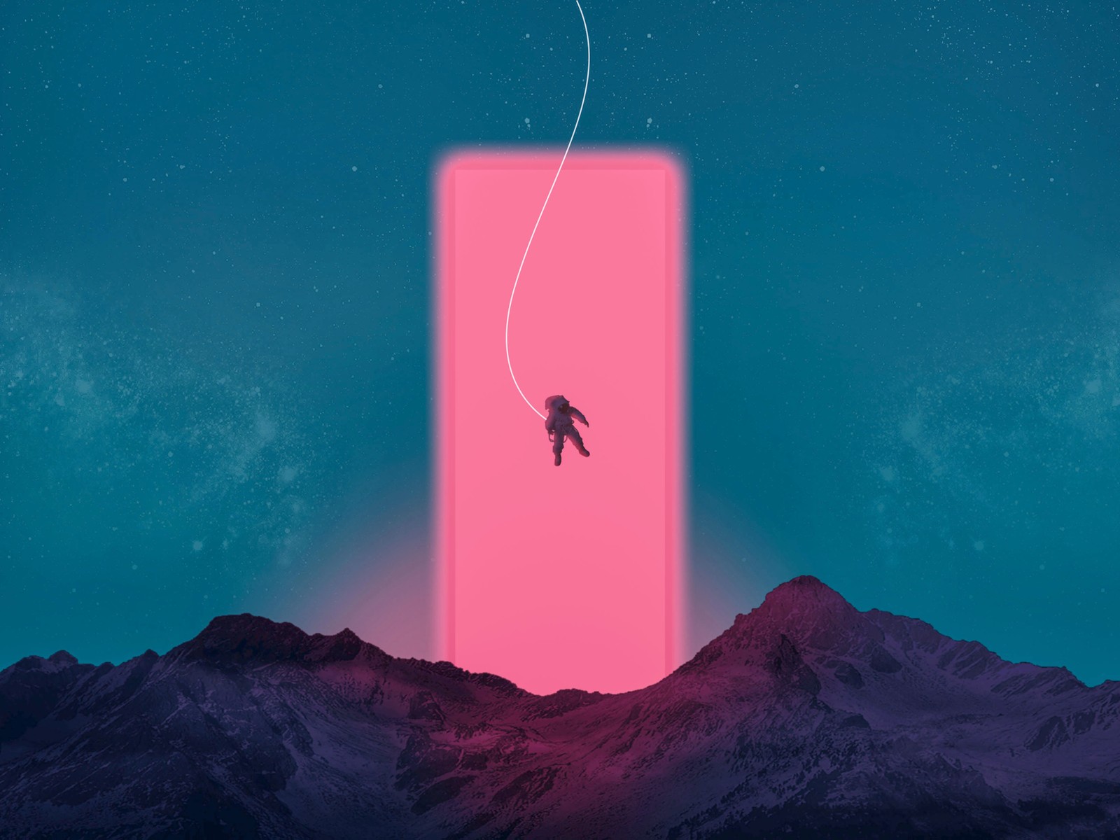 A person in a space suit is suspended from a pink box (pink, extreme sport, space, illustration, winter)