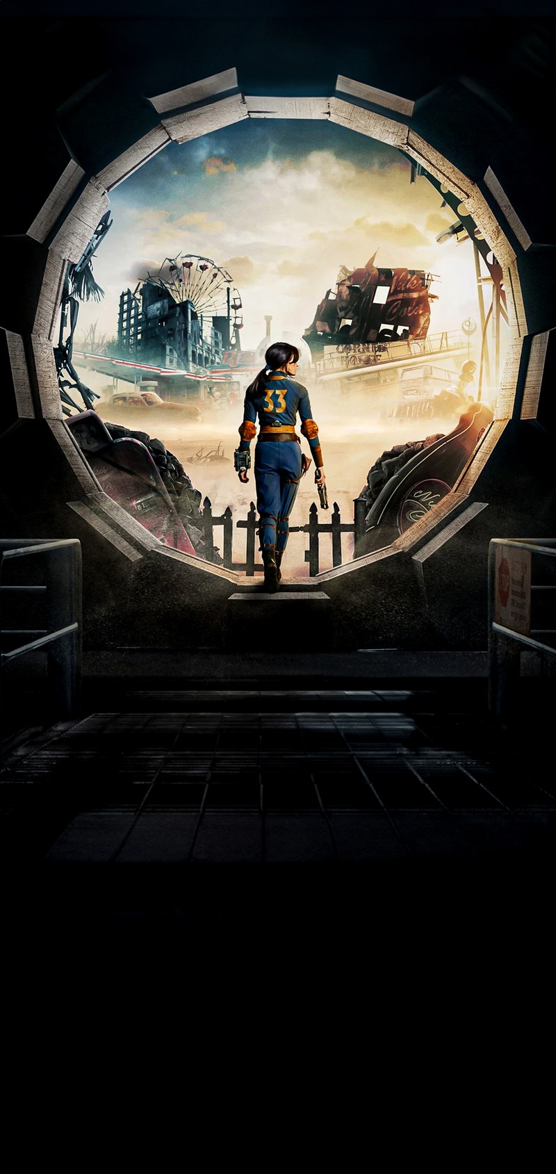 Image abstraite d'un homme dans une station spatiale avec une caméra (fallout, affiche, monde, escaliers, symétrie)