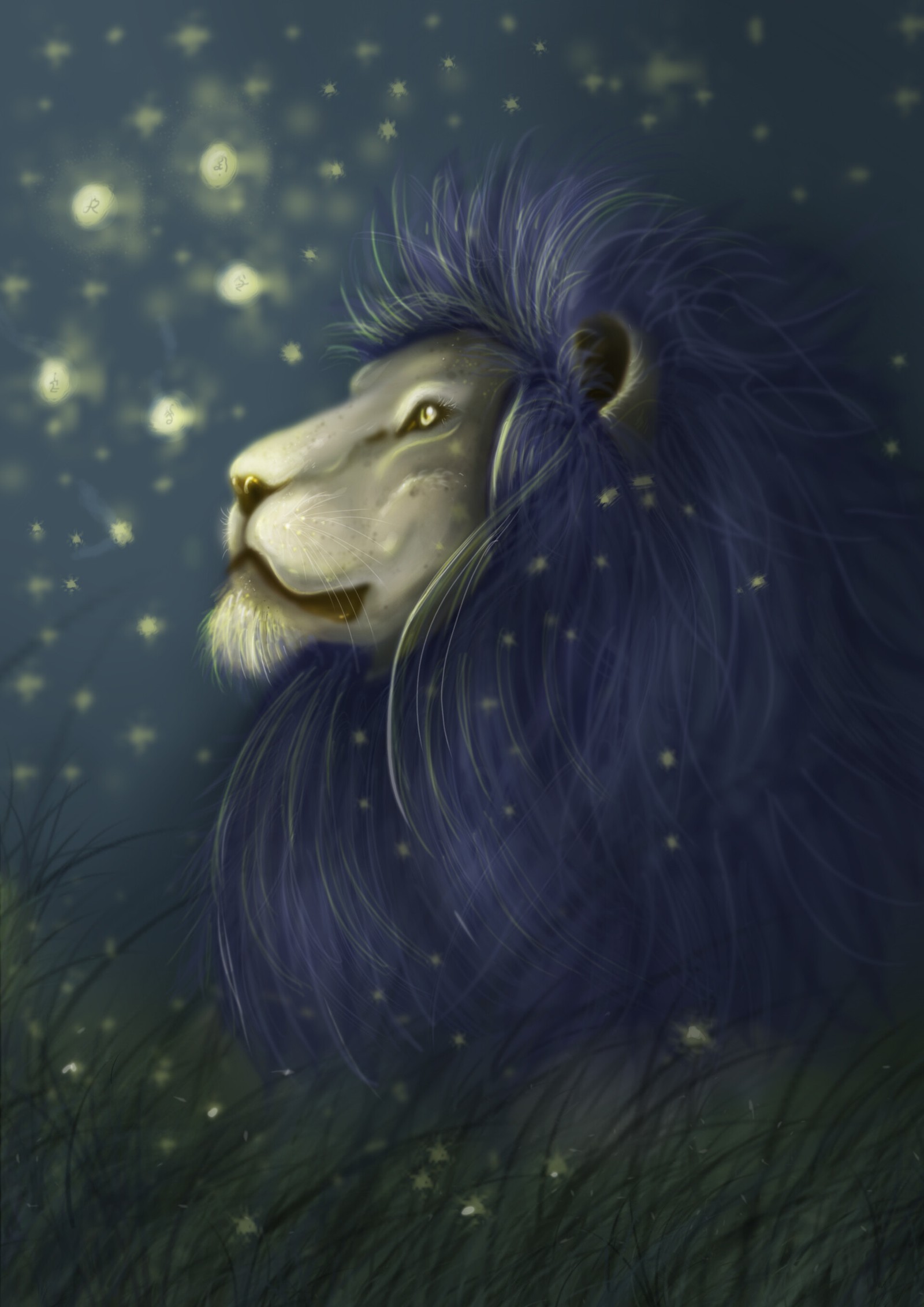 Pintura de un león con una melena azul y una estrella en el fondo (león, felidae, vida silvestre, ilustración, grandes felinos)