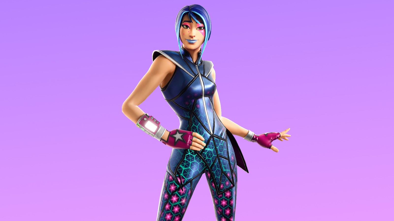 A close up of a person in a costume on a purple background (sparkle supreme, fortnite, fortnite battle royale, video game, season 10)