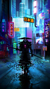 Cybernetischer Samurai in Neon-Stadtlandschaft: Eine Fusion von Kunst und urbaner Magie