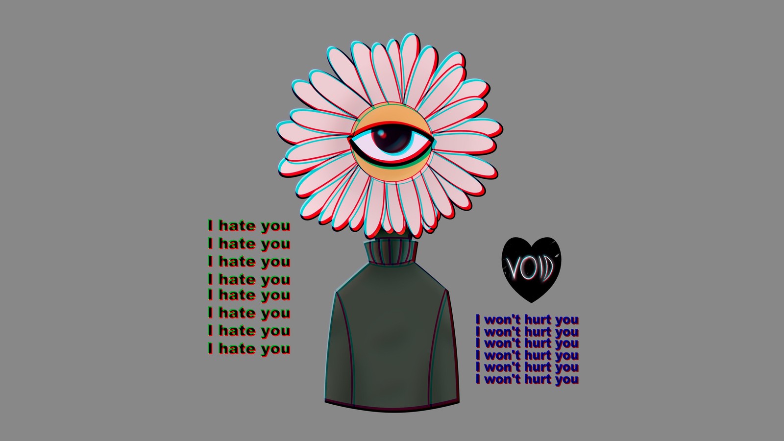 There is a cartoon picture of a man with a flower on his head (i hate you, weirdcore, illustration, minimal, 4k wallpaper)