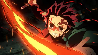 tanjiro kamado, tanjirou kamado, пламя, танец бога огня, kimetsu no yaiba