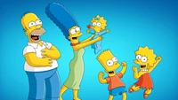 Die Simpsons Familie: Fröhliche Momente vor blauem Hintergrund