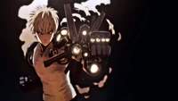 Genos from One Punch Man, showcasing his advanced cybernetic weaponry in a dynamic pose.