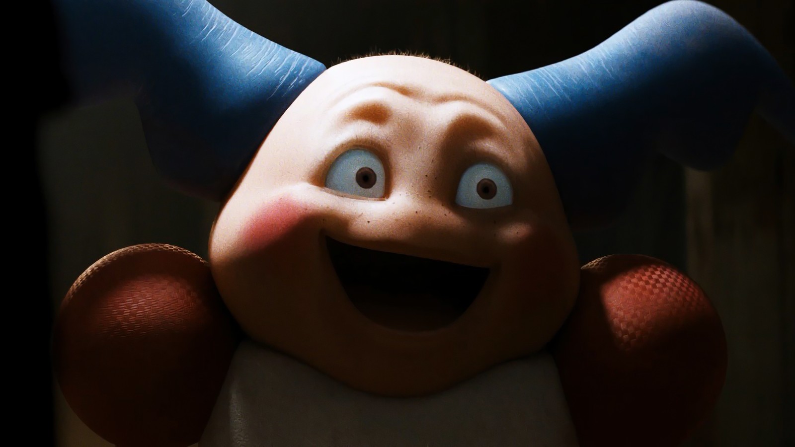 Um close de um brinquedo com um grande sorriso (mr mime, pokémon detetive pikachu, pokemon detective pikachu, filme)