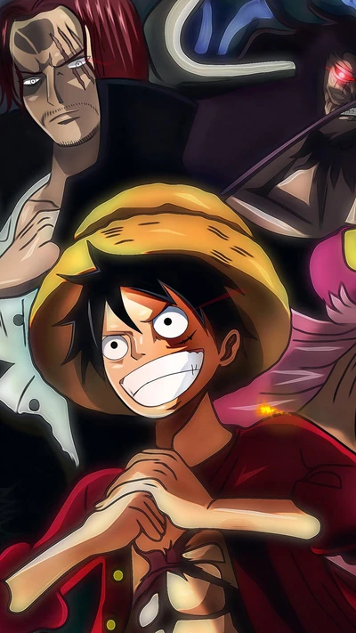 Arte dinámico de One Piece con Luffy y personajes icónicos