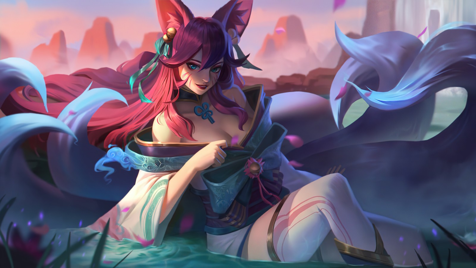 Una mujer en un vestido con cabeza y cola de gato sentada sobre una roca (ahri, league of legends, lol, videojuego, espíritu)