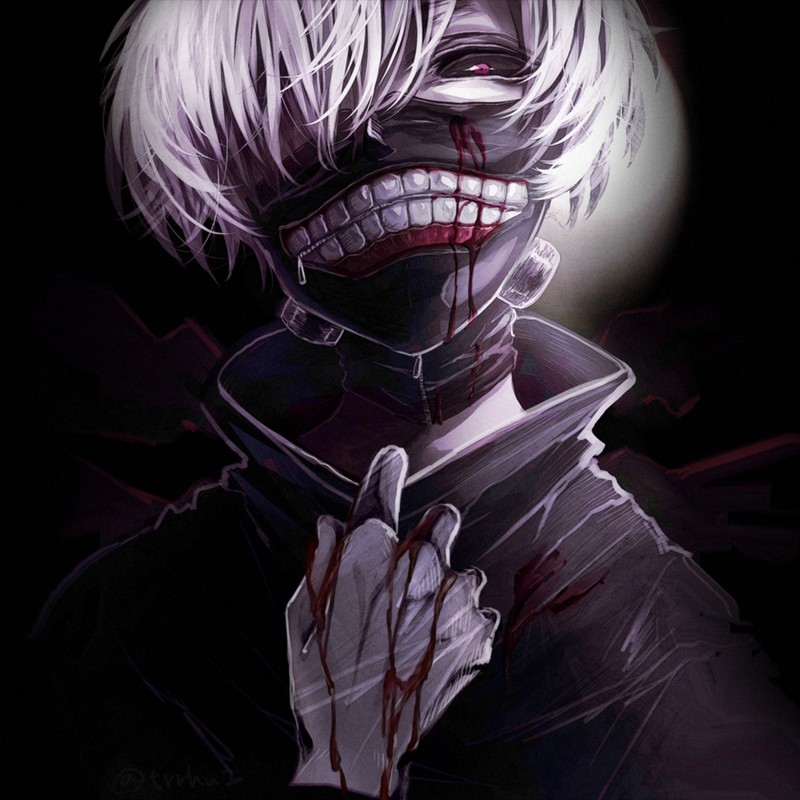 Аниме персонаж с белыми волосами и кровью на лице (токийский гуль, tokyo ghoul, аниме, anime, тьма)