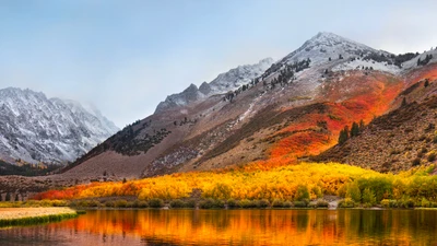 Туманные осенние горы, отраженные в спокойных водах - обои 4K для macOS High Sierra