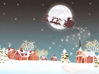 Santa Claus and Reindeer Flying Over a Snowy Village on Christmas Night