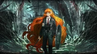 Ishmael from Limbus Company standing confidently amidst a chaotic, fractured landscape, wielding a baton and shield, with striking long orange hair.