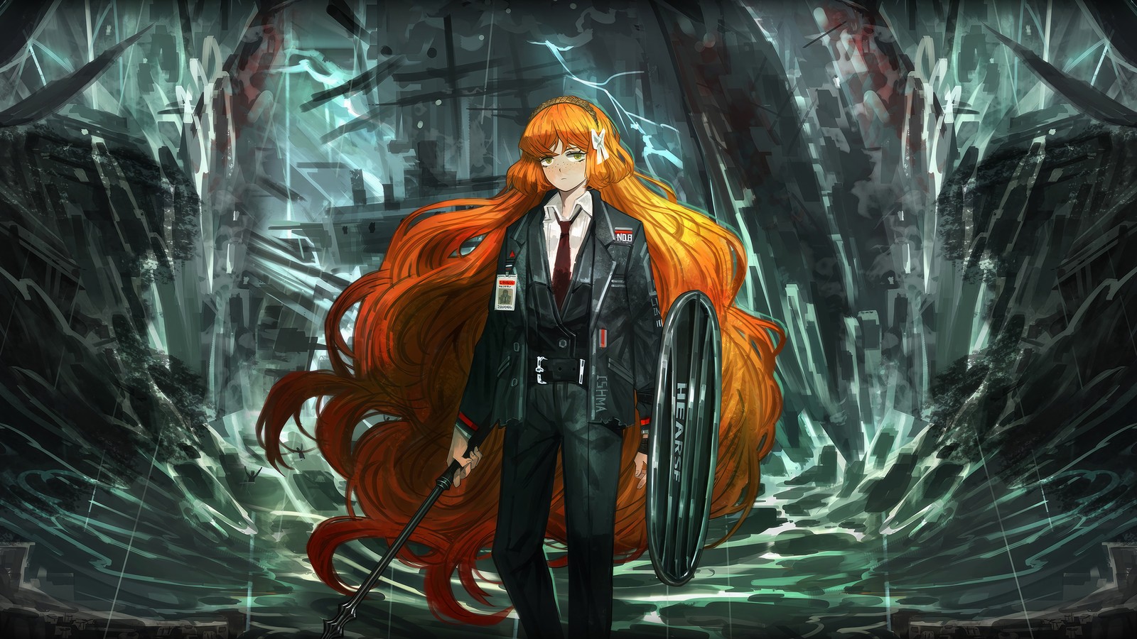 A woman with long red hair standing in a dark room (limbus company, video game, ishmael)