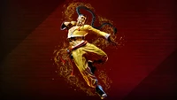 Jamie from Street Fighter 6 delivering a dynamic martial arts kick against a vibrant, textured backdrop.