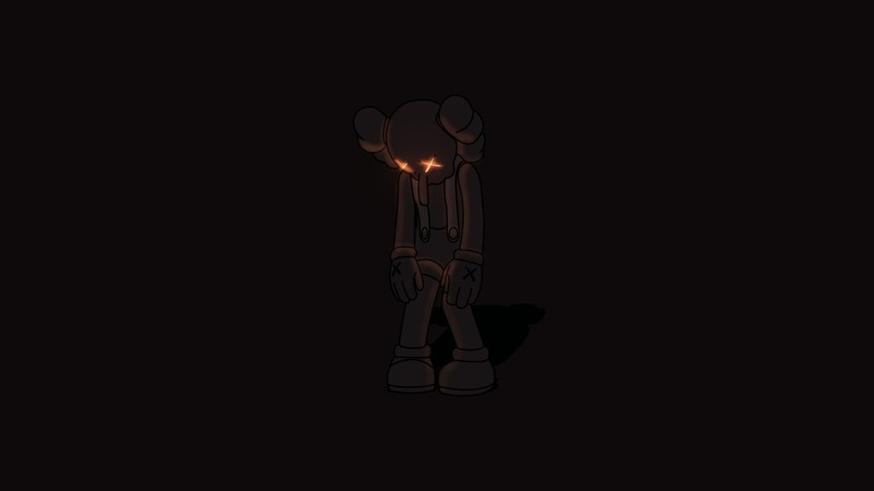 Мультфильм человека на темном фоне с красным светом (kaws грустный, kaws sad, компаньон каус, kaws companion, тёмный фон)